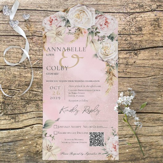 Boho Pampas & Pink Roses Pink QR Code All In One Einladung