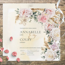 Boho Pampas & Pink Roses Square Cream Wedding