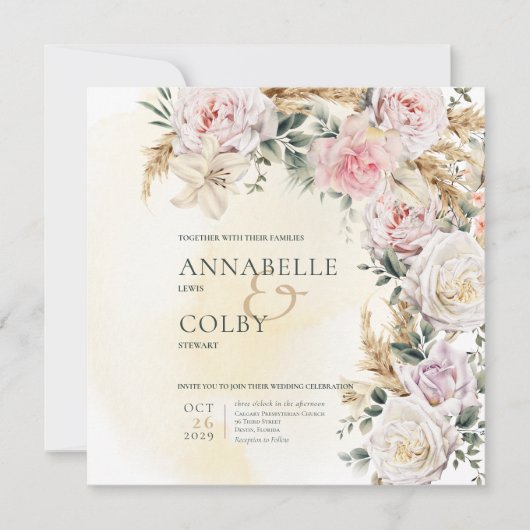 Boho Pampas & Pink Roses Square Cream Wedding Einladung (Vorderseite)