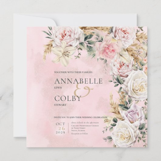 Boho Pampas & Pink Roses Square Wedding Einladung (Vorderseite)