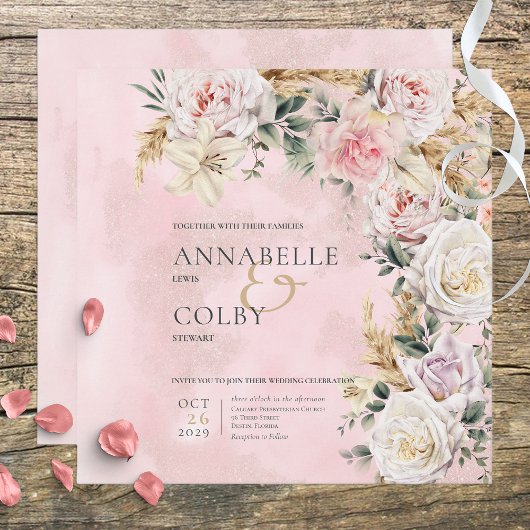 Boho Pampas & Pink Roses Square Wedding Einladung