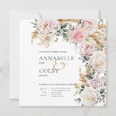 Boho Pampas & Pink Roses Square White Wedding Einladung (Vorderseite)