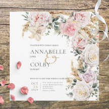 Boho Pampas & Pink Roses Square White Wedding