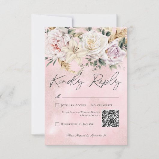 Boho Pampas & Pink Roses Wedding QR Code RSVP Karte (Vorderseite)