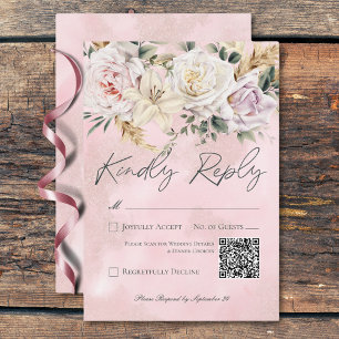 Boho Pampas & Pink Roses Wedding QR Code RSVP Karte