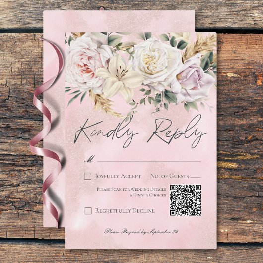 Boho Pampas & Pink Roses Wedding QR Code RSVP Karte