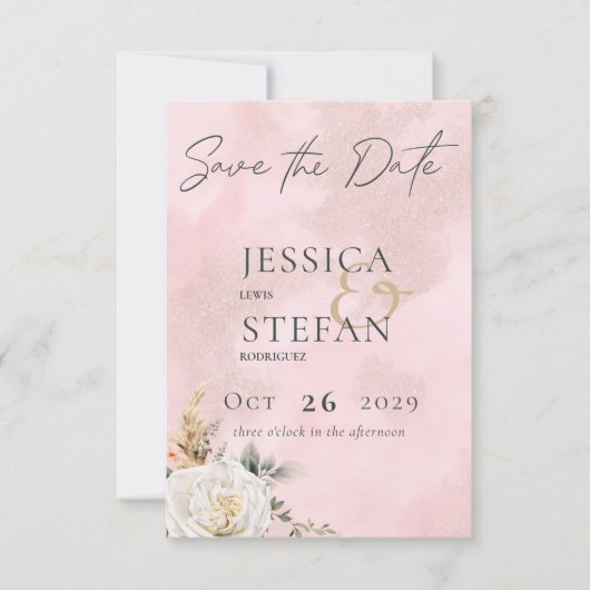 Boho Pampas & Pink Roses Wedding Save The Date (Vorderseite)