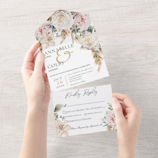 Boho Pampas & Pink Roses White Dinner All In One Einladung (Abreißen)