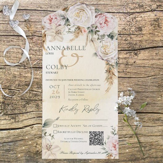 Boho Pampas & Pink Roses Yellow QR Code All In One Einladung