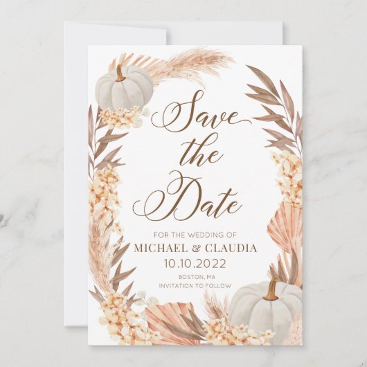 Boho Pampas Pumpkin White Fall Save the Date Einladung (Vorderseite)