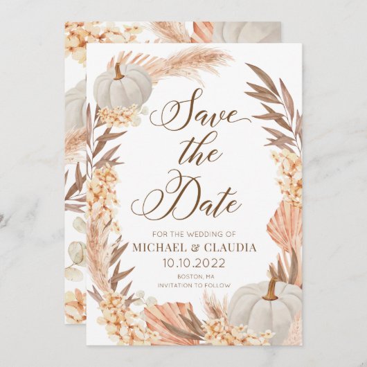 Boho Pampas Pumpkin White Fall Save the Date Einladung (Vorne/Hinten)