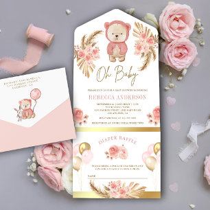 Boho Pampas Rosa Florale Teddybär Baby Shower All In One Einladung