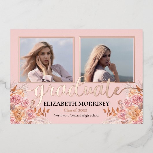 Boho Pampas Rose 3 Foto Graduate Abschluss Pink Folieneinladung (Vorderseite)