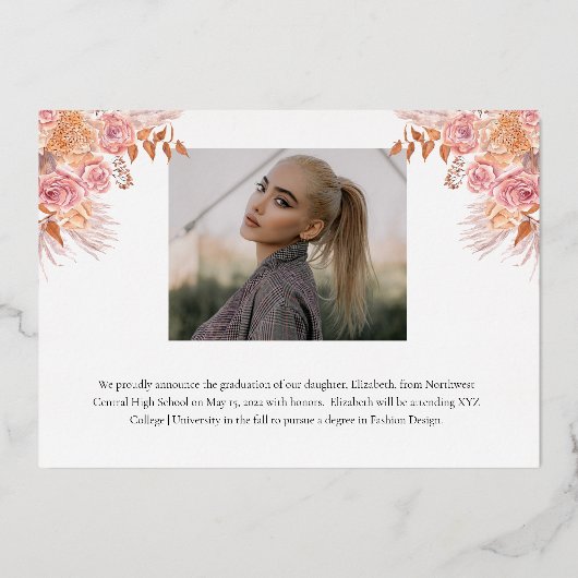 Boho Pampas Rose 3 Foto Graduate Abschluss White Folieneinladung (Rückseite)