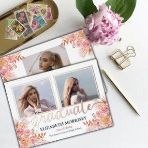 Boho Pampas Rose 3 Photo Graduate Graduation White Folieneinladung