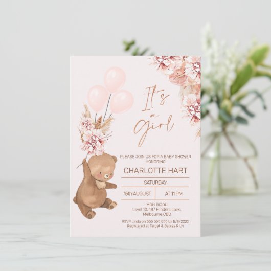 Boho Pampas Rose Gold Bären Balloons Babydusche Einladung (Stehend Vorderseite)