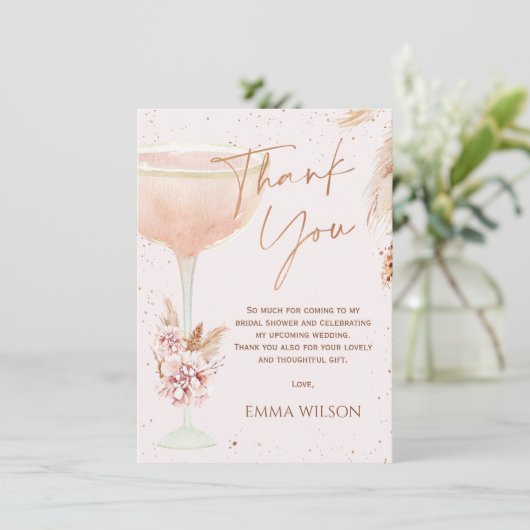 Boho Pampas Rose Gold Brautparty Danke Karte (Stehend Vorderseite)