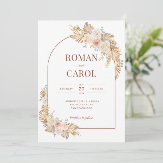 Boho Pampas Rustic Terracotta Arch Foto Hochzeit Einladung (Stehend Vorderseite)