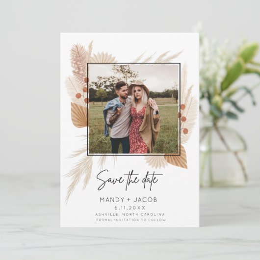 Boho Pampas Rustikales Foto Hochzeit speichern das Save The Date (Stehend Vorderseite)