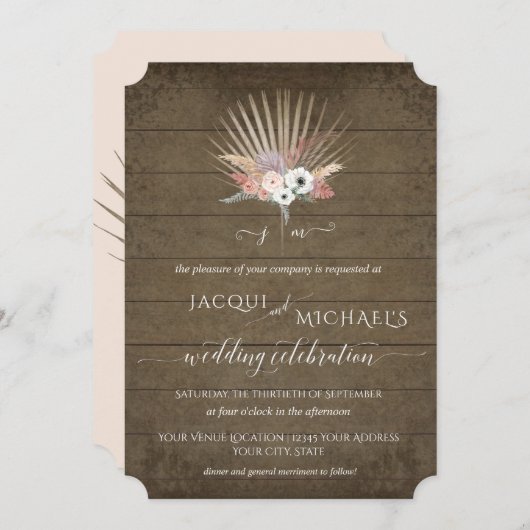 BOHO Pampas Rustikales Holz Weiße Blumenpalme Trop Einladung (Vorne/Hinten)