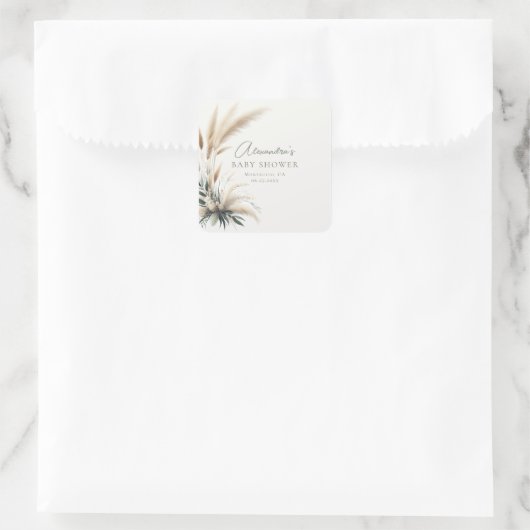 Boho Pampas Sage Green Baby Dusche Personalisiert Quadratischer Aufkleber (Tasche)