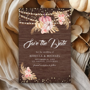 Boho Pampas Staubige rosa Rosen Holz-Kürbis-Hochze Save The Date