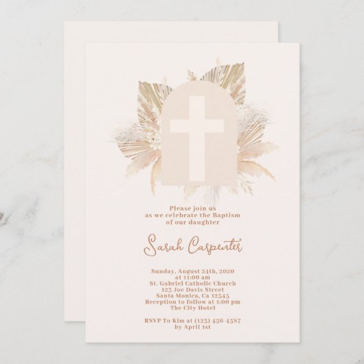 Boho Pampas Taufe Mädchen Einladung (Vorne/Hinten)