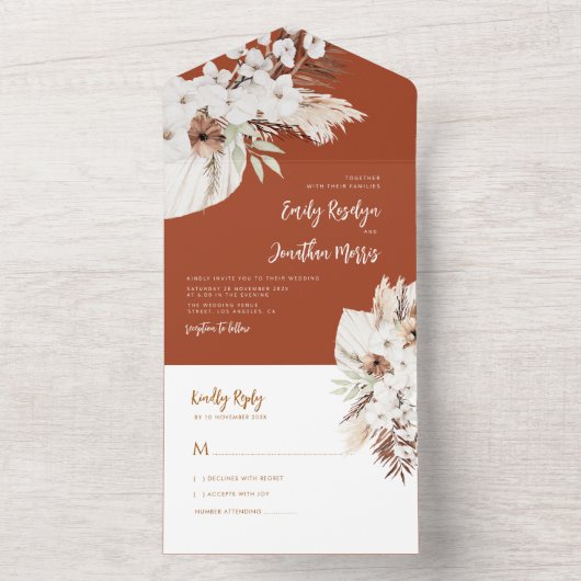 Boho Pampas Terracotta Hochzeit All In One Einladung (Innen Boden)