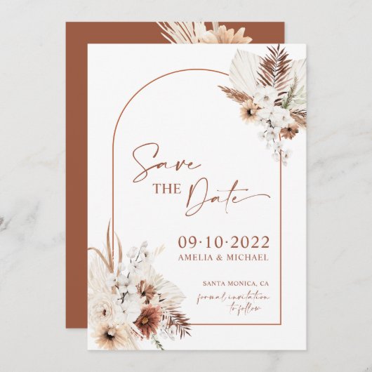 Boho Pampas Terracotta Rust Save the Date (Vorne/Hinten)