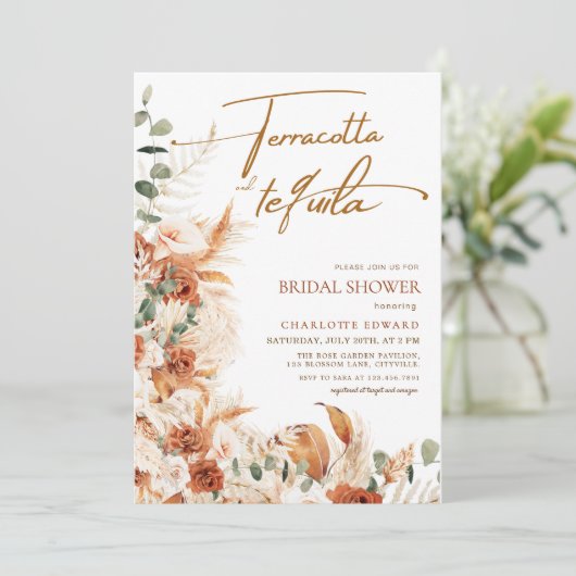 Boho Pampas Terracotta & Tequila Bridal Shower Einladung (Stehend Vorderseite)
