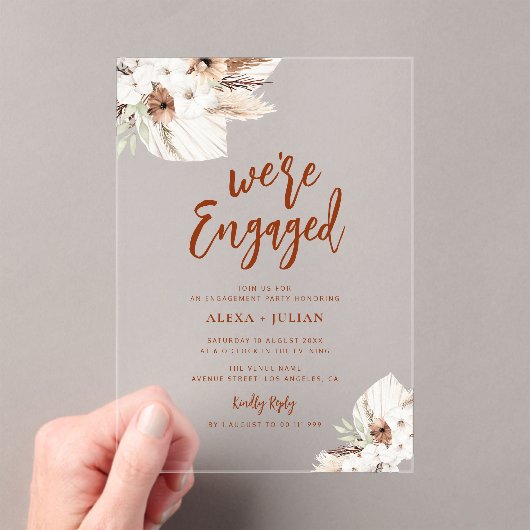 Boho Pampas Terracotta-Verlobung Acryleinladungen (Insitu (Handheld))