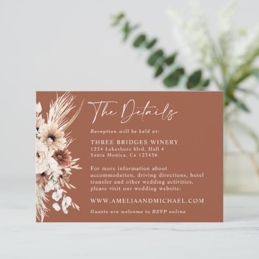 Boho Pampas Terracotta Wedding Details Card RSVP Karte (Stehend Vorderseite)