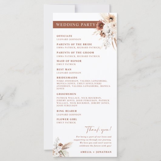 Boho Pampas Terracotta Wedding Program Card (Rückseite)