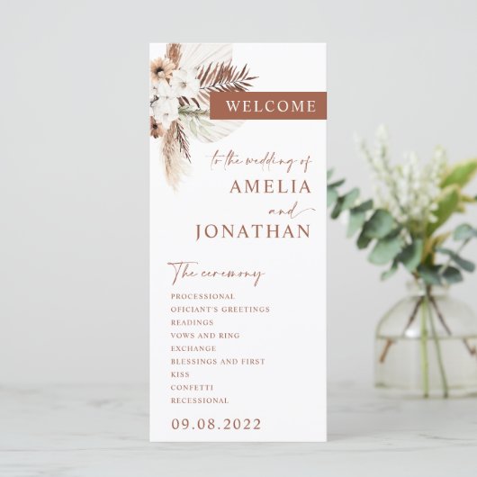 Boho Pampas Terracotta Wedding Program Card (Stehend Vorderseite)