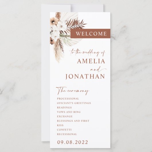 Boho Pampas Terracotta Wedding Program Card (Vorderseite)
