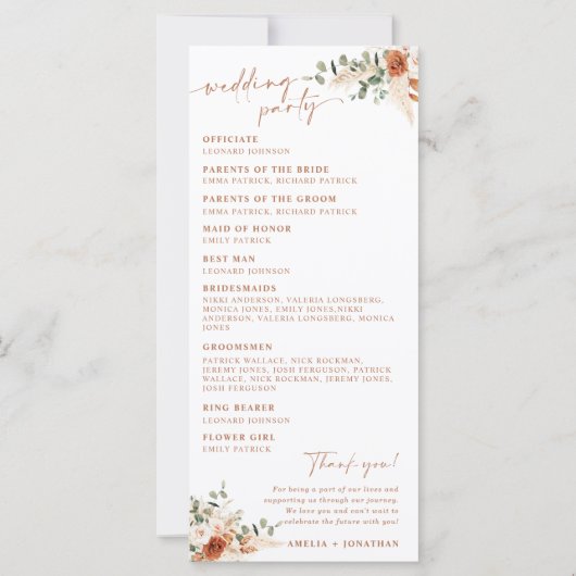 Boho Pampas Terracotta Wedding Program Card LEYLA (Rückseite)