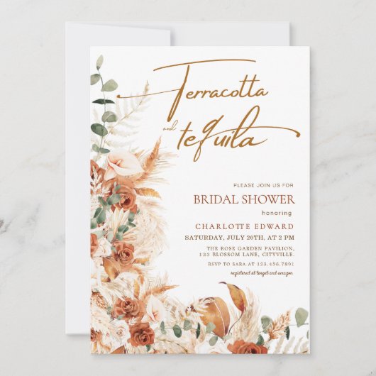 Boho Pampas Terrakotta- & Tequila-Brautjunggeselli Einladung (Vorderseite)