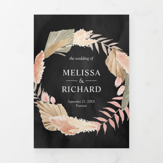 Boho Pampas trocknete Palm Black All in One Weddin Dreifach Gefaltete Einladung (Cover)