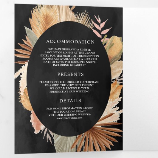 Boho Pampas trocknete Palm Black All in One Weddin Dreifach Gefaltete Einladung (Innen Erste Seite)