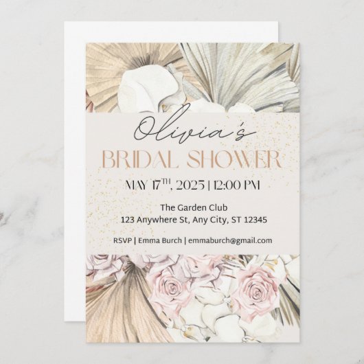 Boho Pampas und Blush Rose Brautparty Einladung (Vorne/Hinten)
