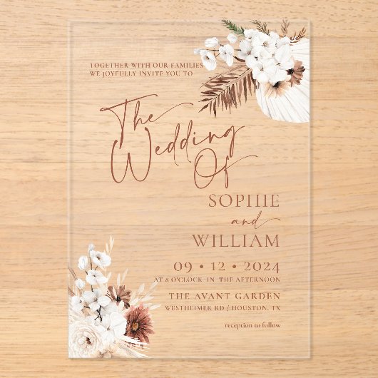 Boho Pampas Wedding Acryleinladungen (Vorderseite)
