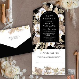 Boho Pampas Weiße Orchidee Schwarze Babyparty All In One Einladung
