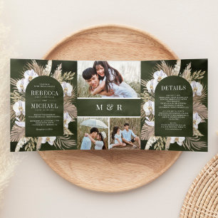 Boho Pampas Weiße Orchidee Trockenpalme Sage Hochz Dreifach Gefaltete Einladung