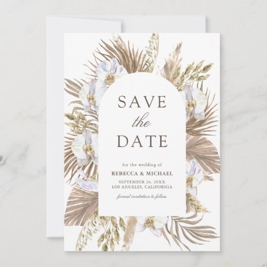 Boho Pampas White Orchid Driving Palm Wedding Save The Date (Vorderseite)