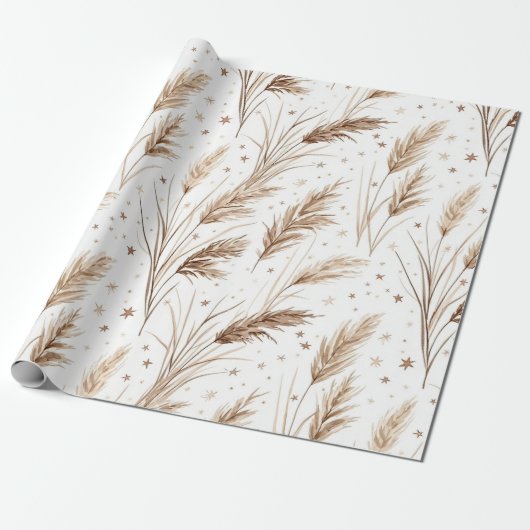 Boho-Pampasgras Beige Braun Sternenmuster (1) Geschenkpapier (Ungerollt)