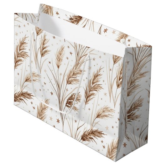 Boho-Pampasgras-Beige-Braun-Sternenmuster (1) Große Geschenktüte (Vorderseite Schrägansicht)