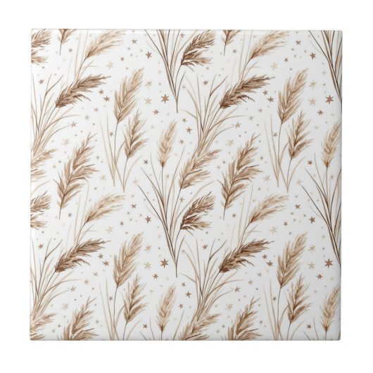 Boho-Pampasgras-Beige-Braun-Sternmuster (1) Fliese (Vorderseite)