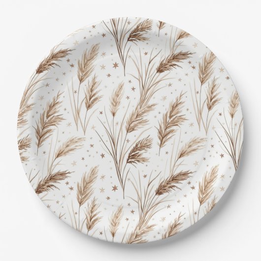 Boho-Pampasgras-Beige-Braun-Sternmuster (1) Pappteller (Vorderseite)