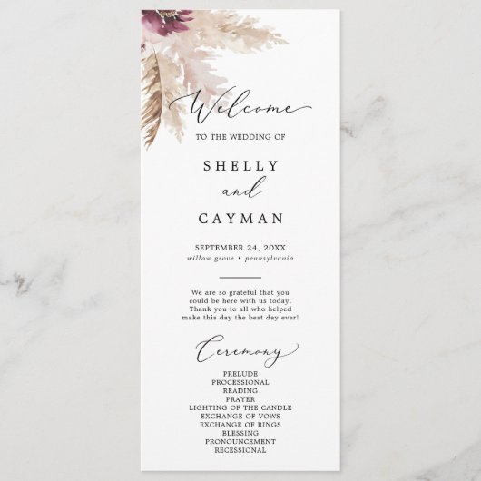 Boho-Pampasgras-Hochzeitsprogramm Programm (Vorderseite)