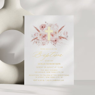 Boho-Pampasgras staubige Rose florales Kreuz Taufe Folieneinladung